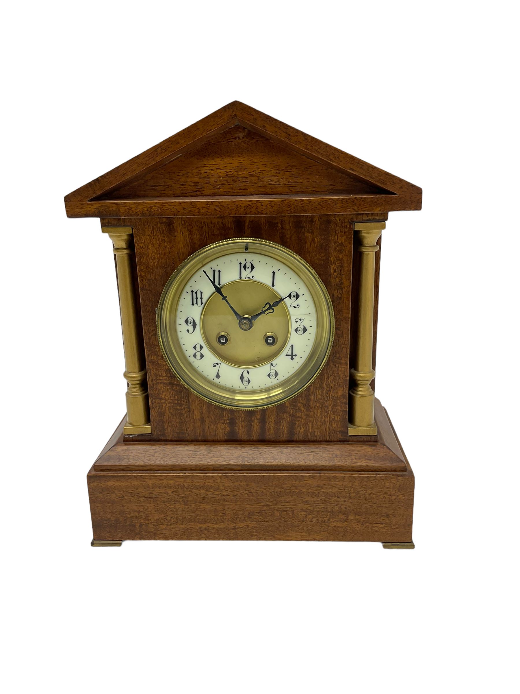 Mahogany cased mantle clock in a bespoke 20th century case with an architectural pediment and recess