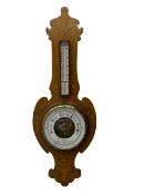 Edwardian art Nouveau aneroid barometer in a mahogany case inlaid with coloured satinwood scrollwork