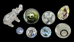 Collection of paperweights to include Baccarat clear glass elephant