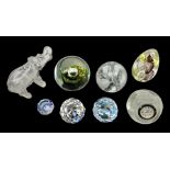 Collection of paperweights to include Baccarat clear glass elephant