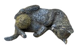 After Franz Bergmann (1861-1936): Austrian cold painted bronze figure of a cat playing with yarn