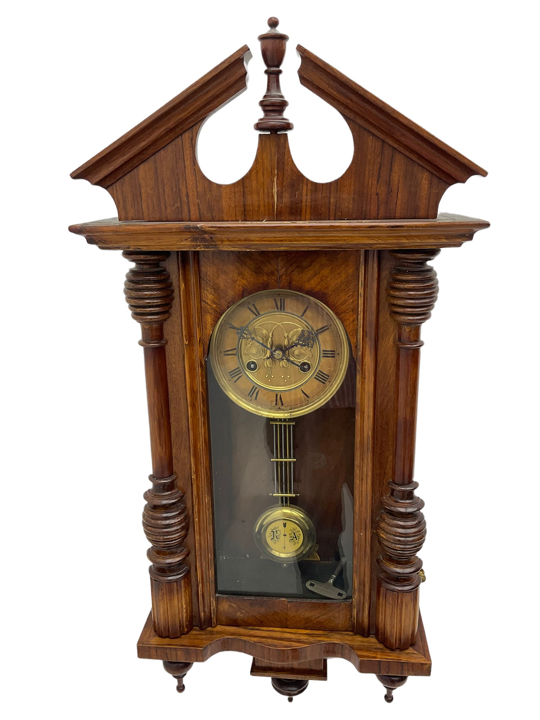 German early 20th century wall clock in a mahogany case with an architectural pediment and turned fi - Image 3 of 4