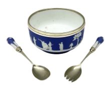 Wedgwood blue Jasperware salad bowl with silver plated collar and matching servers