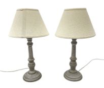 Pair of composite washed wood effect table lamps with natural linen shades