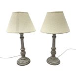 Pair of composite washed wood effect table lamps with natural linen shades