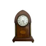 Mahogany �lancet� shaped Edwardian bedside clock c1900 with contrasting stringing and a fan inlay m