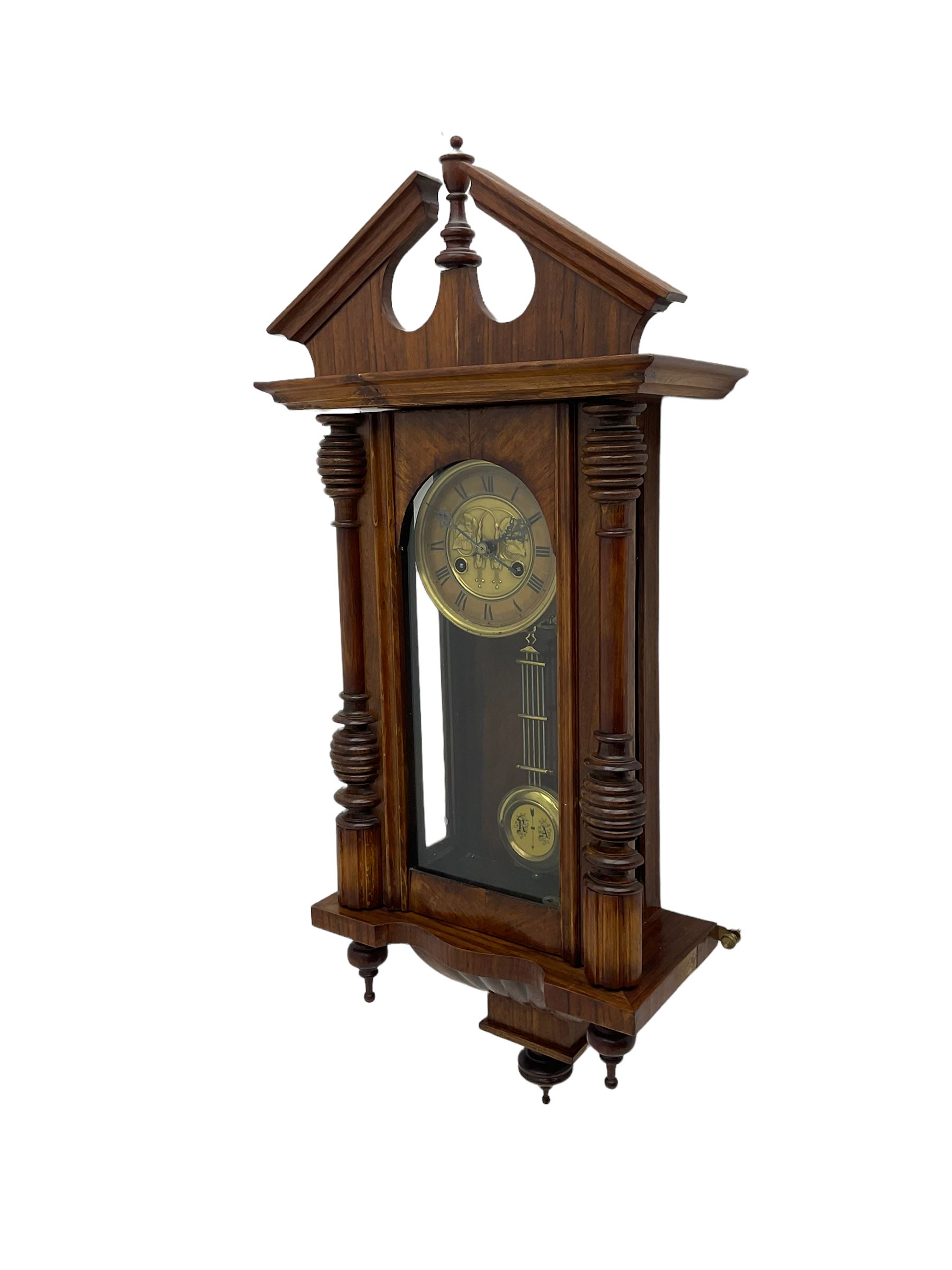 German early 20th century wall clock in a mahogany case with an architectural pediment and turned fi - Image 2 of 4