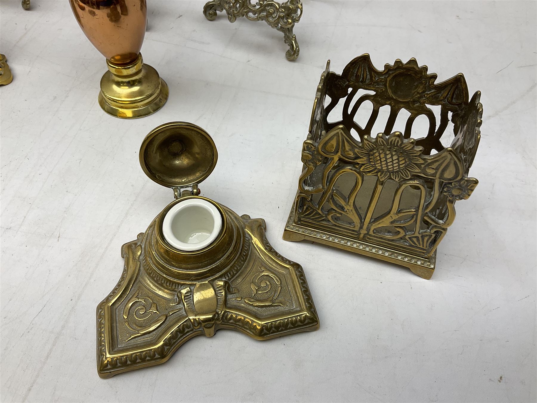 Ornate brass inkstand with ceramic inkwell - Image 2 of 12