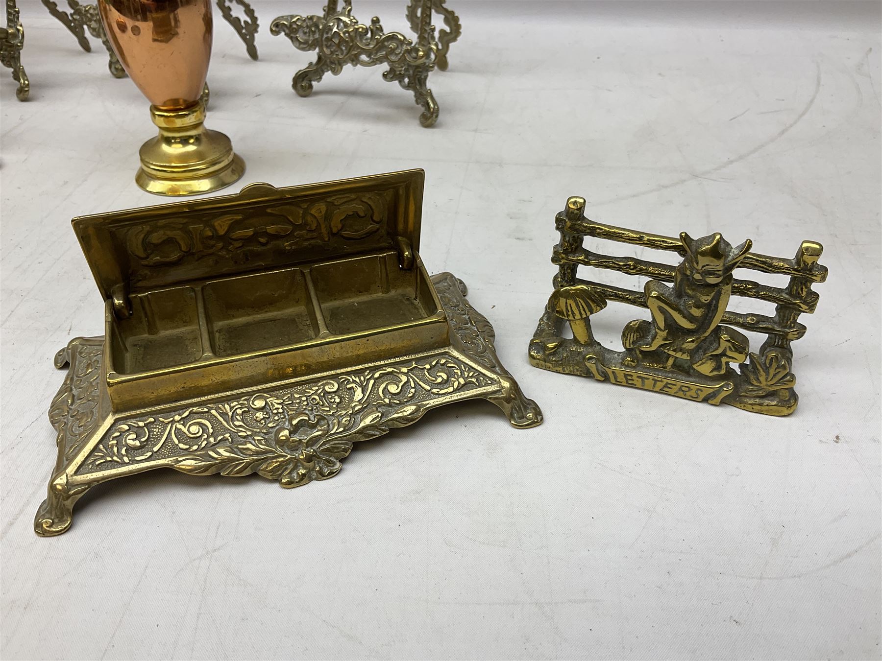 Ornate brass inkstand with ceramic inkwell - Image 4 of 12