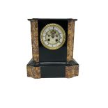 Mid Victorian c1860 Belgium slate mantle clock with a flat top and curved serpentine amber and sienn