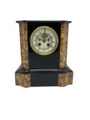 Mid Victorian c1860 Belgium slate mantle clock with a flat top and curved serpentine amber and sienn