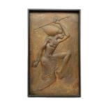 Copper panel embossed with a design of an African warrior in a wooden frame