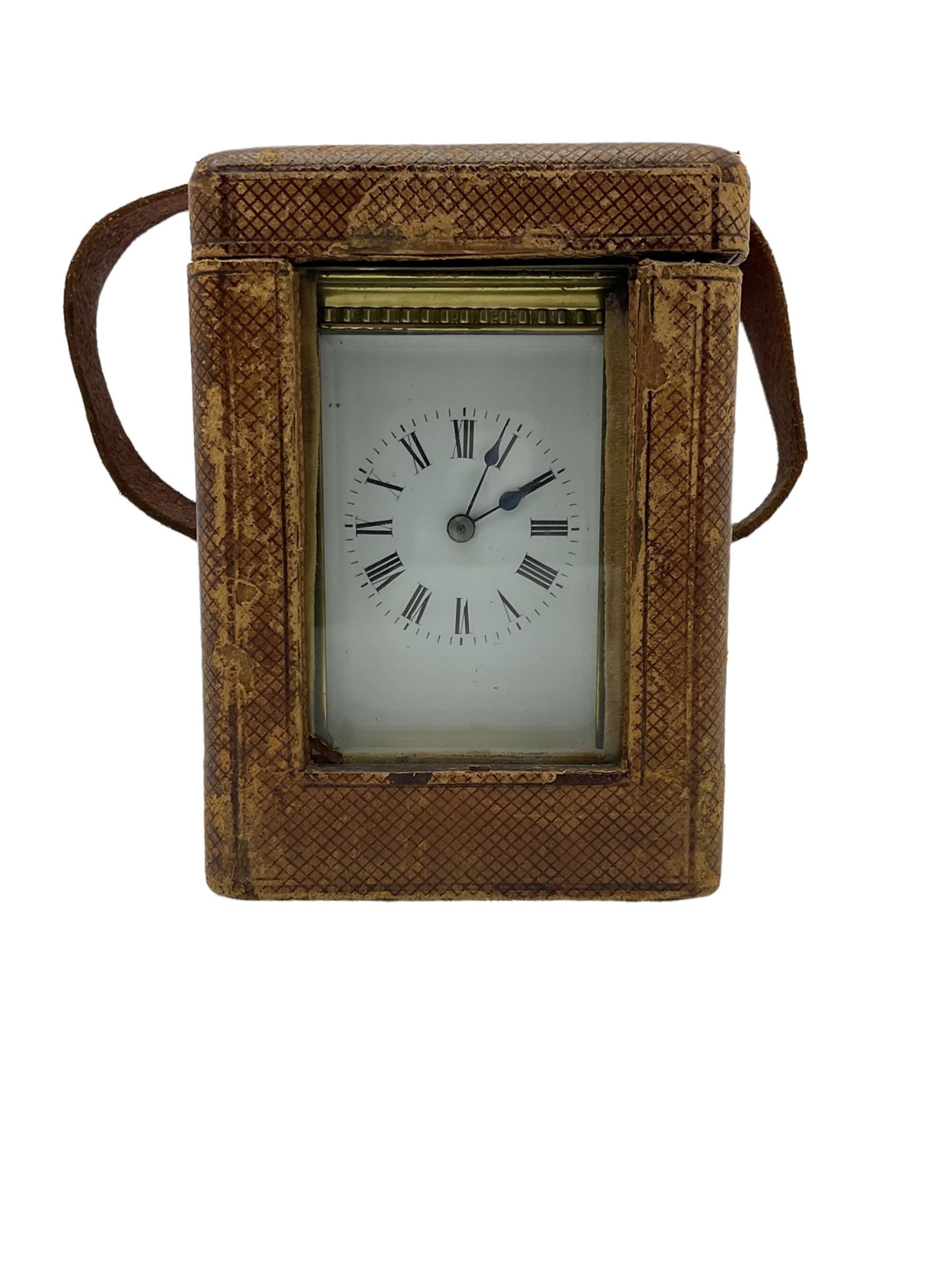 French carriage clock c1910 with strike and repeat work in a corniche case with beadwork