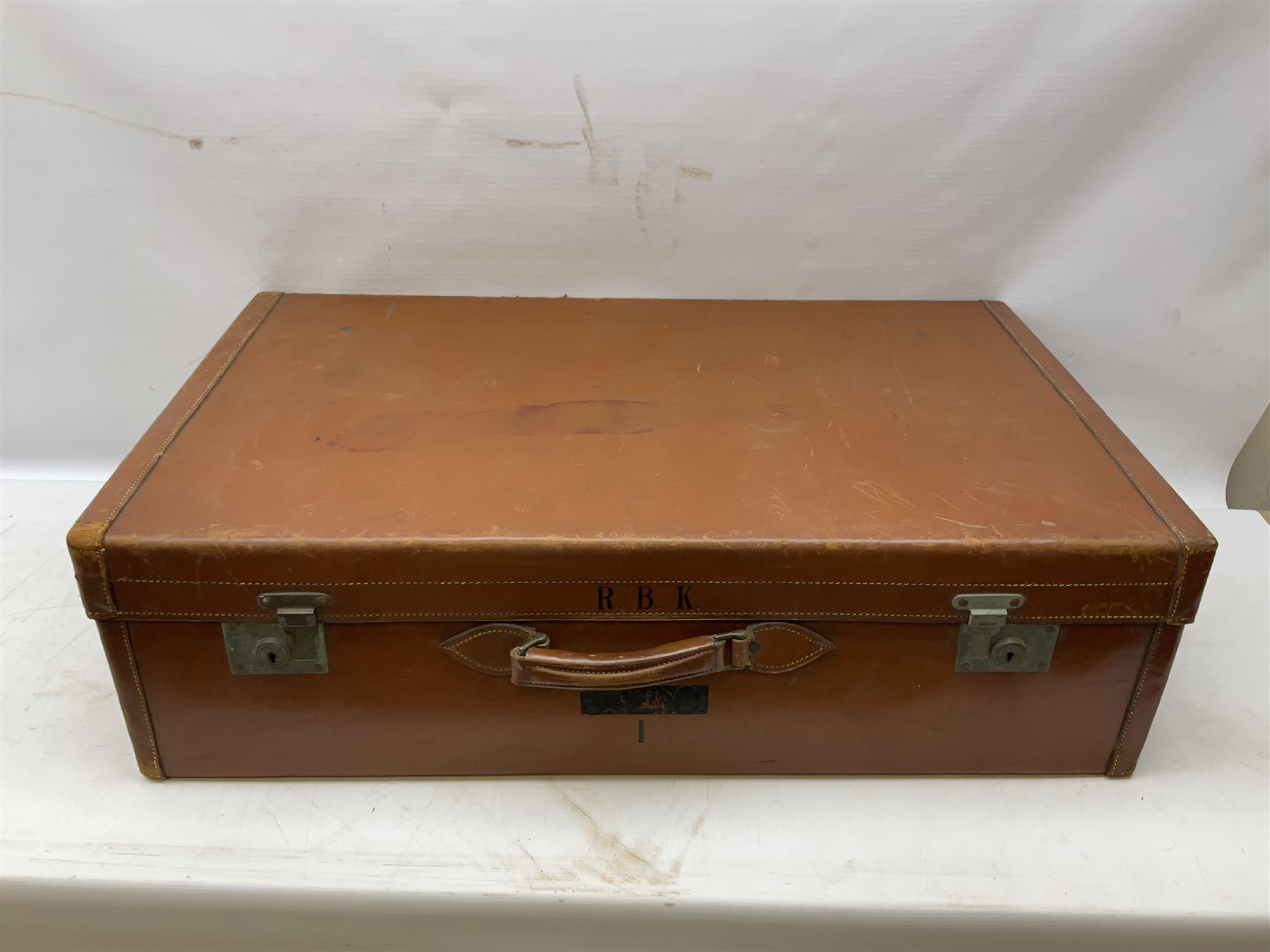Two 20th century tan leather suitcases together with Lark violin and bow - Image 4 of 6