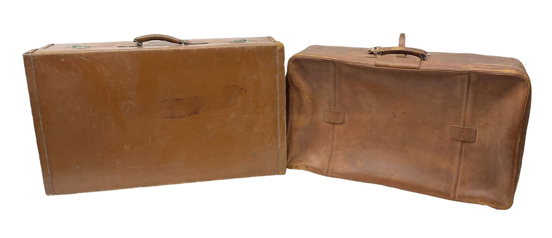 Two 20th century tan leather suitcases together with Lark violin and bow