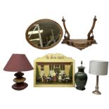 Dressing table mirror for restoration together with three table lamps together with a cafe sign