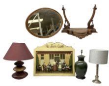 Dressing table mirror for restoration together with three table lamps together with a cafe sign