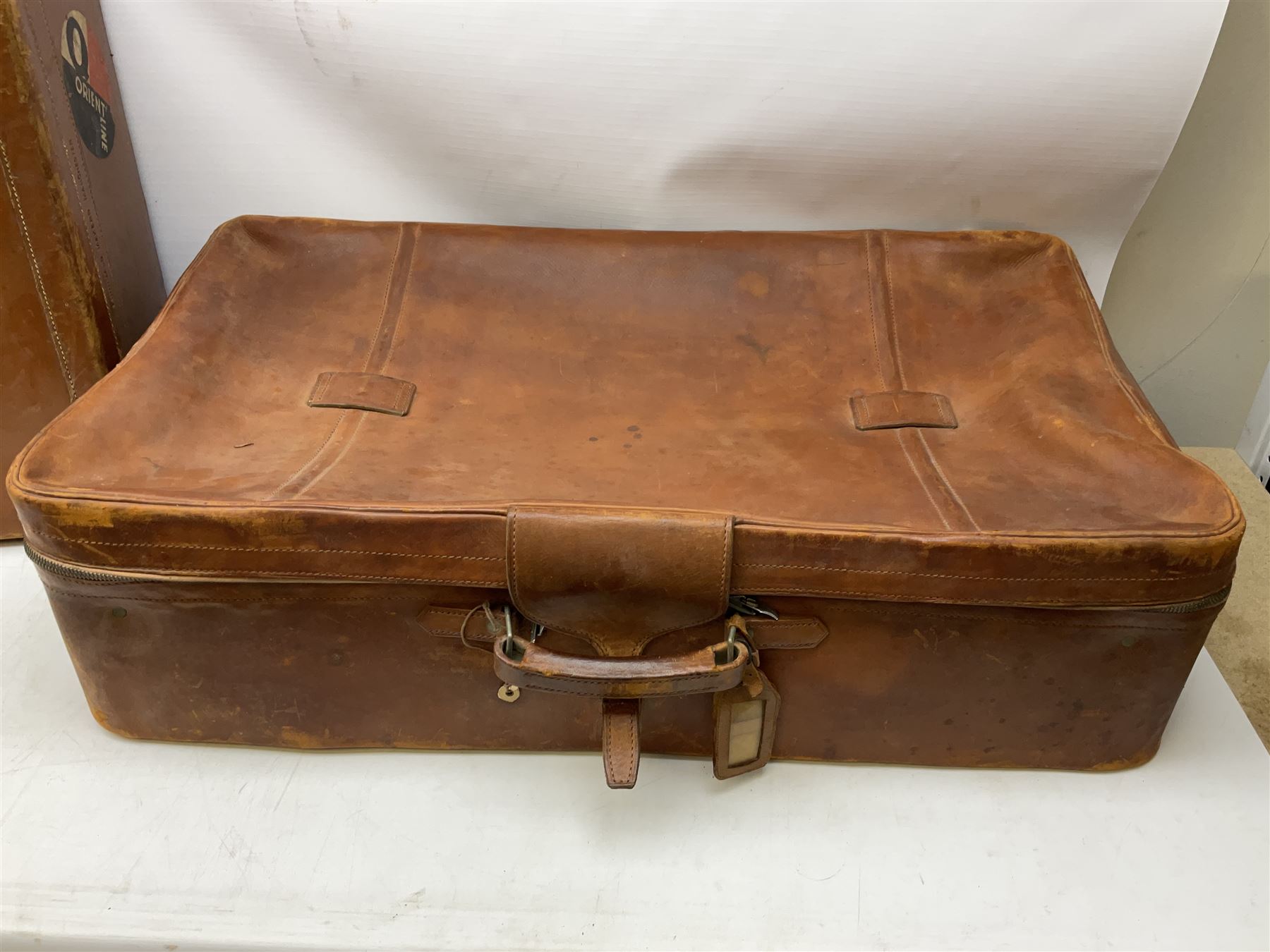 Two 20th century tan leather suitcases together with Lark violin and bow - Image 2 of 6