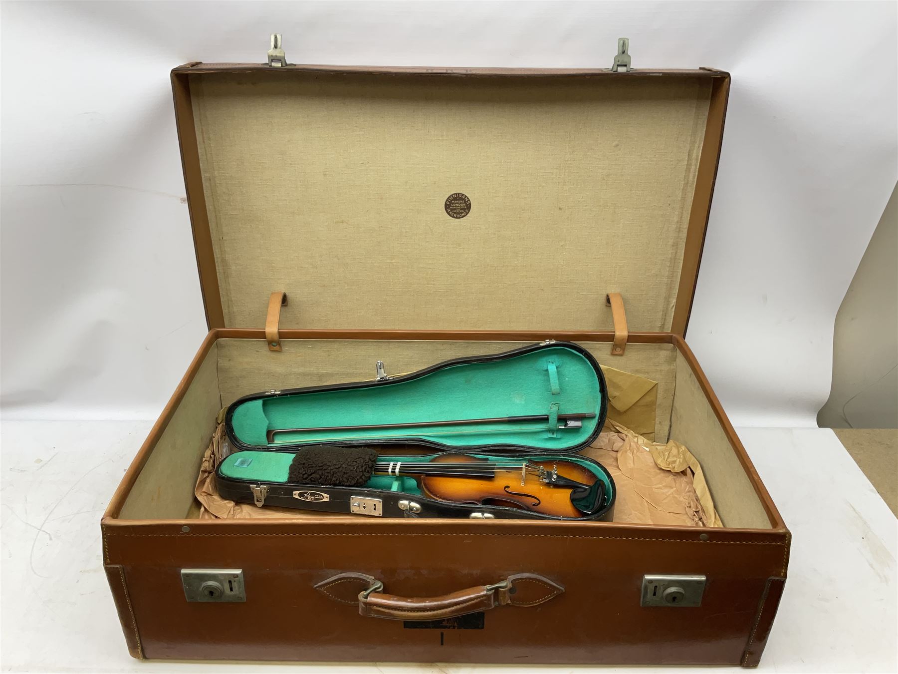 Two 20th century tan leather suitcases together with Lark violin and bow - Image 6 of 6