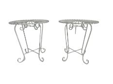 Pair of wrought metal antique white finish circular occasional tables