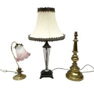 Three table lamps to include example with moulded glass centre column with fabric shade