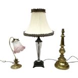 Three table lamps to include example with moulded glass centre column with fabric shade