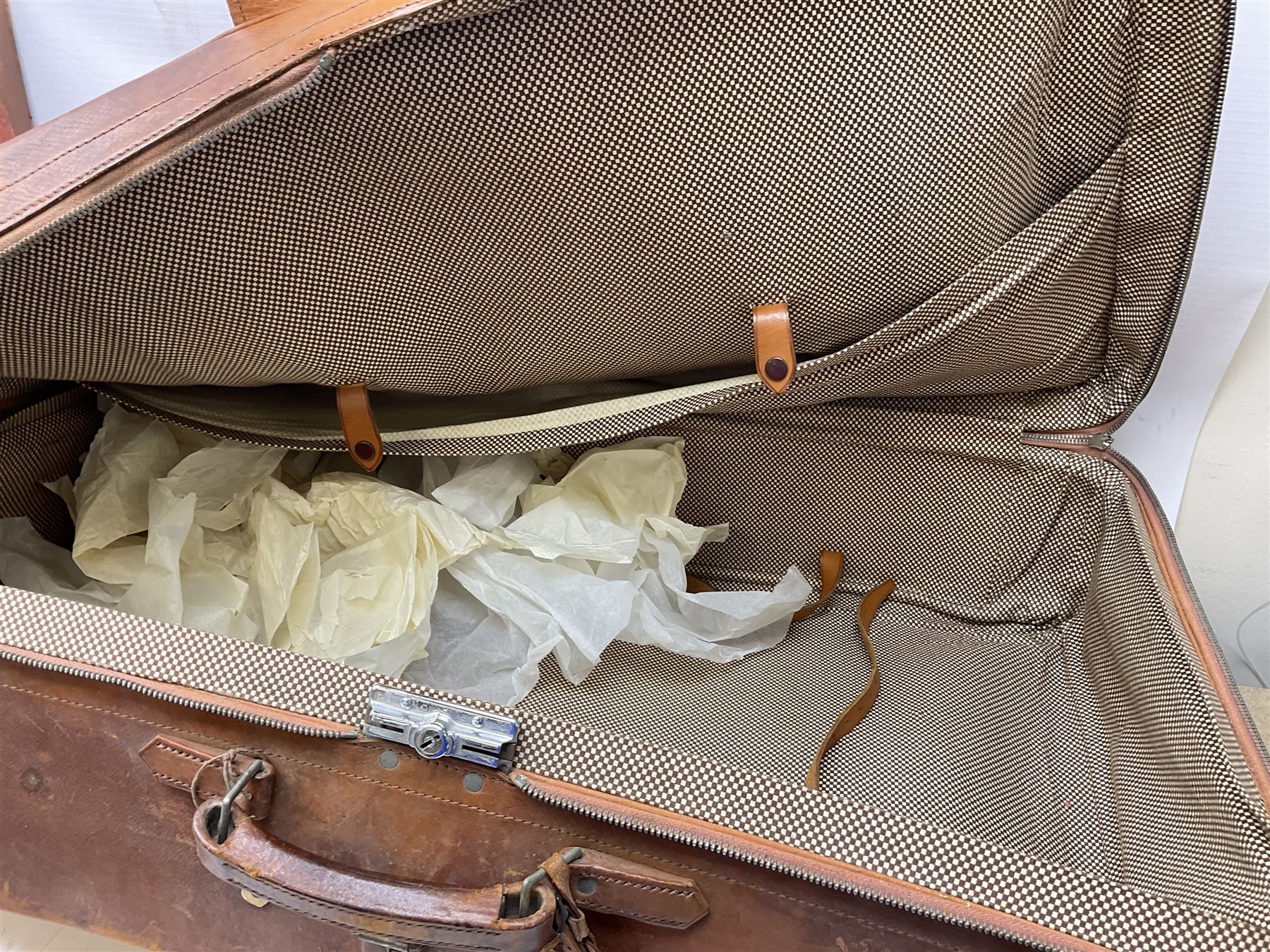 Two 20th century tan leather suitcases together with Lark violin and bow - Image 3 of 6