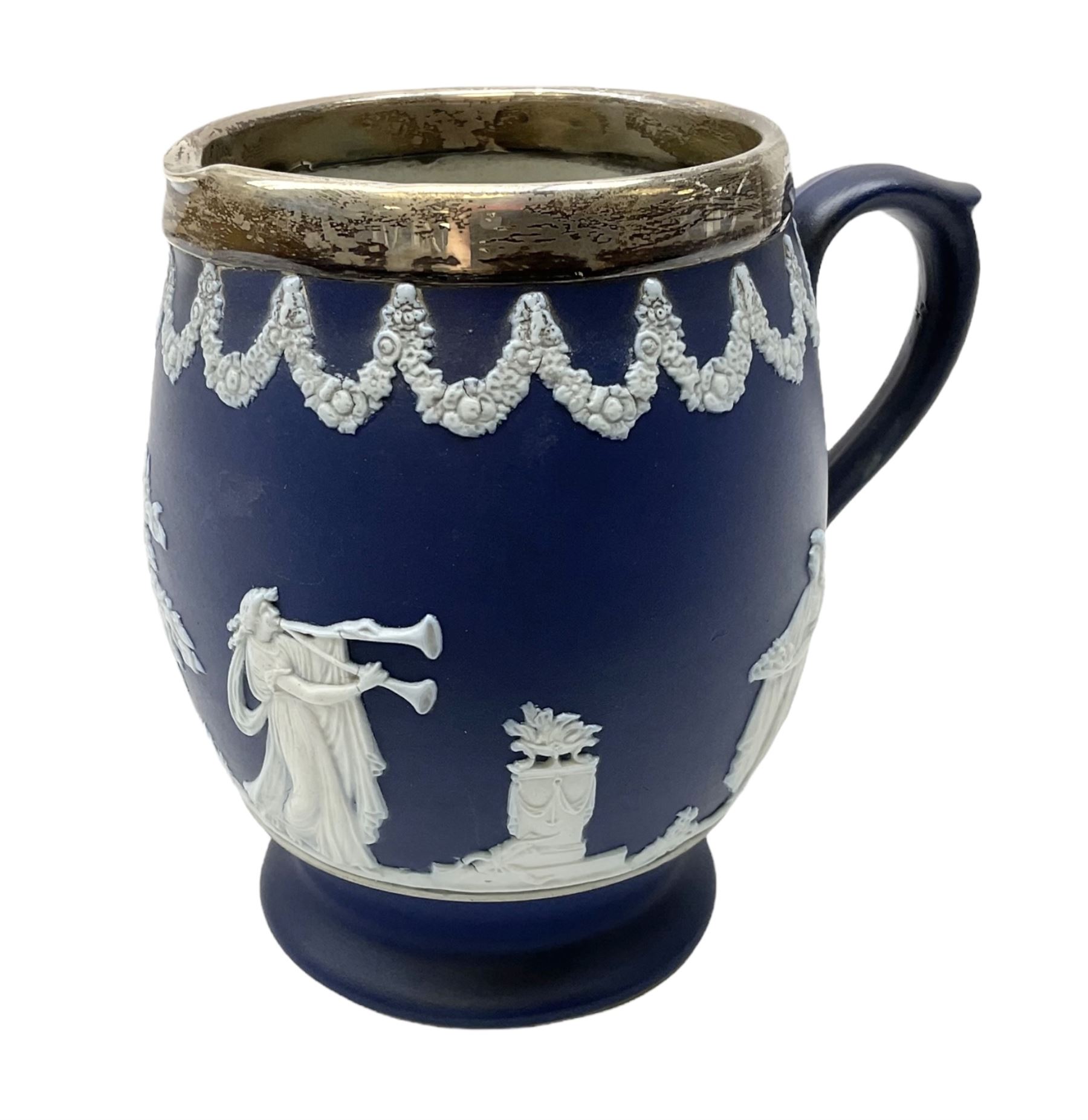 Adams Tunstall blue Jasperware jug with silver collar