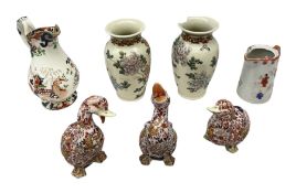 Three Japanese Imari ducks together with an pair of oriental vases decorated in peonies and two jug