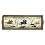 Packard and Ord tile tray hand painted with a hunting scene and a wooden frame