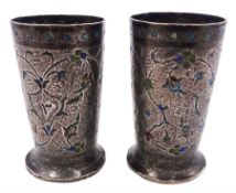 Pair of Indian or Persian silver and enamel tot glasses
