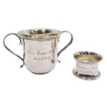 Late Victorian silver porringer with personal engraving to body and twin curved strap handles