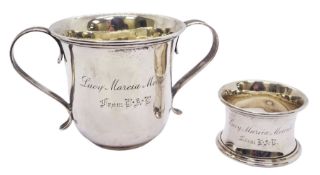 Late Victorian silver porringer with personal engraving to body and twin curved strap handles