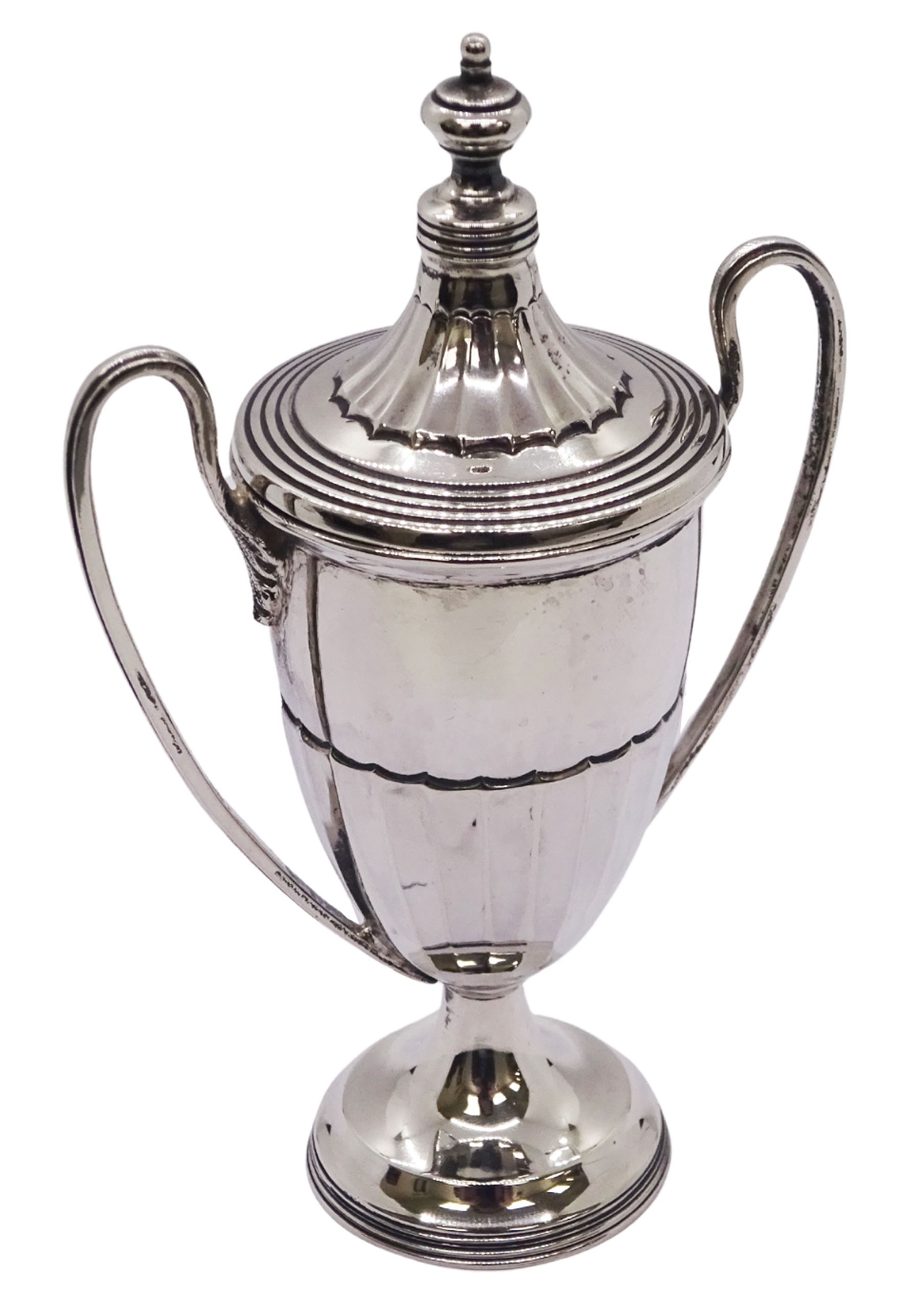 Small mid 20th century silver twin handled trophy of urn form