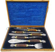 Victorian seven piece silver mounted antler handled carving set