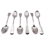 Set of six William IV provincial silver Fiddle pattern tea spoons