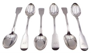 Set of six William IV provincial silver Fiddle pattern tea spoons