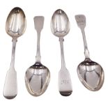 Four Victorian silver Fiddle pattern dessert spoons