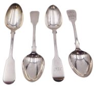 Four Victorian silver Fiddle pattern dessert spoons