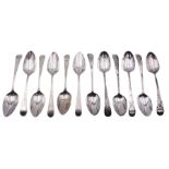 Two sets of six George III silver Old English pattern bright cut engraved teaspoons