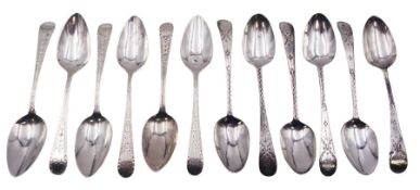 Two sets of six George III silver Old English pattern bright cut engraved teaspoons