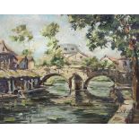 Fritilliere (French mid 20th century): River Scene with Bridge
