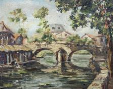 Fritilliere (French mid 20th century): River Scene with Bridge