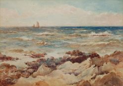 Gladys M Aitken (Isle of Man exh.1915): Boat off a Rocky Coast