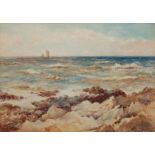 Gladys M Aitken (Isle of Man exh.1915): Boat off a Rocky Coast