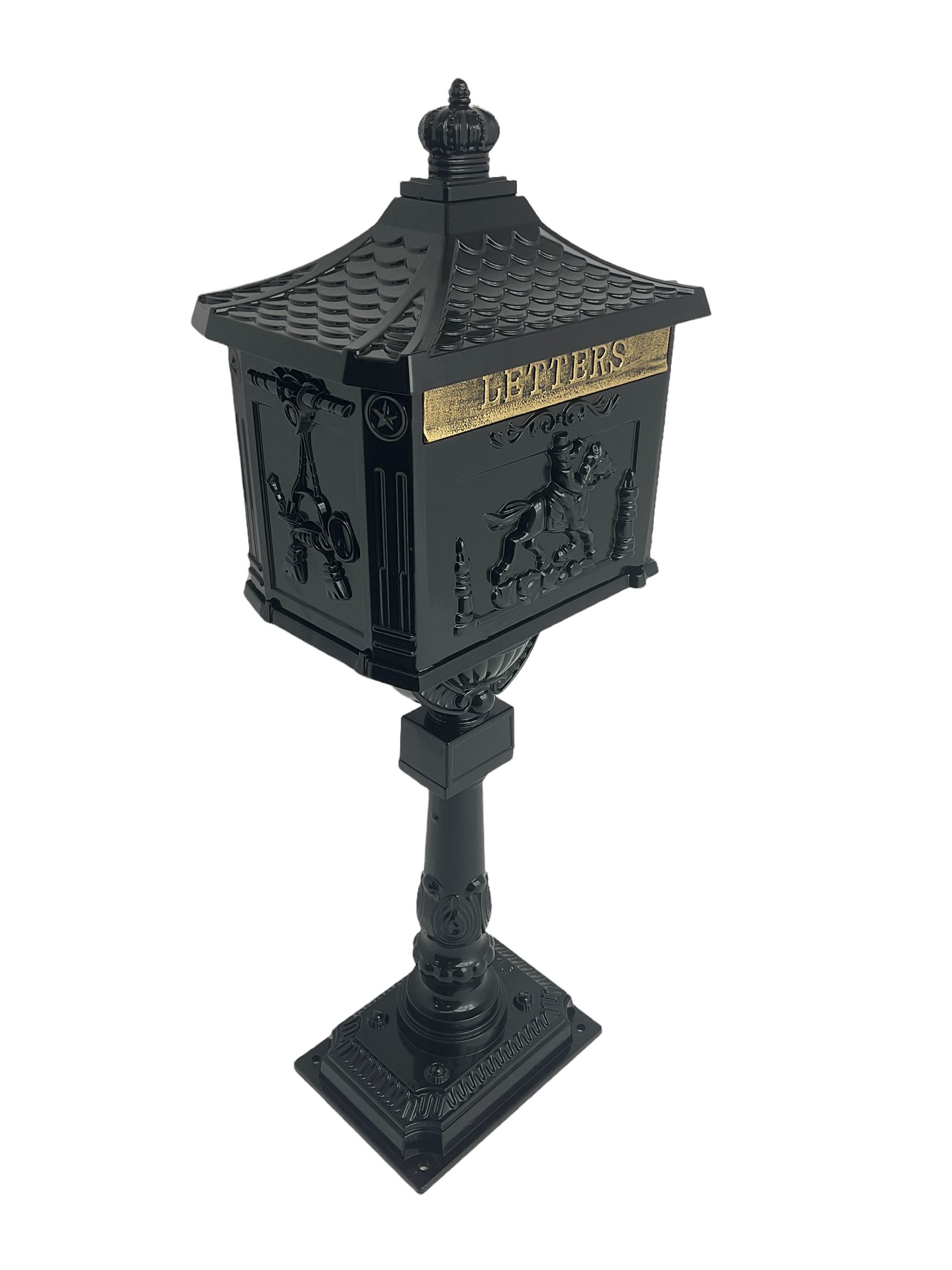 Classical black painted aluminium post box on pillar base - Image 2 of 3