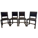 Set of four Jacobean style oak and studded leather dining chairs