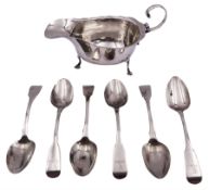 Matched set of six George III silver Fiddle pattern teaspoons