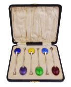 Set of six 1930's silver and enamel coffee spoons