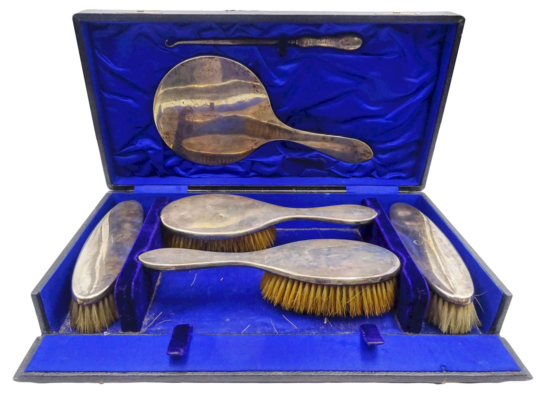 Edwardian silver mounted six piece dressing table set